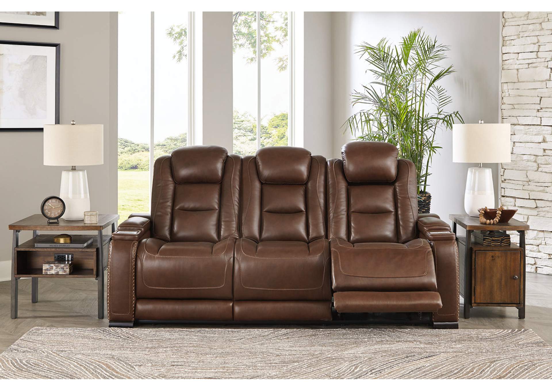 85306-15 MAN-DEN SOFA W/DROP DOWN TABLE & USB/OUTLETS POWER RECLINING 83.5X40X43 LEATHER BROWN