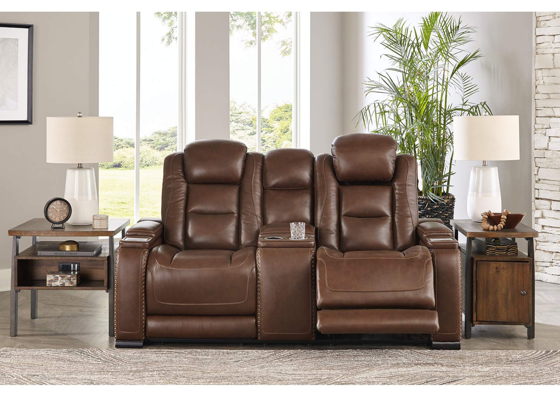 85306-18 MAN-DEN LOVESEAT W/CONSOLE & USB PORTS & ADJUSTABLE HEADRESTS POWER RECLINING 74.5X40X43H LEATHER BROWN