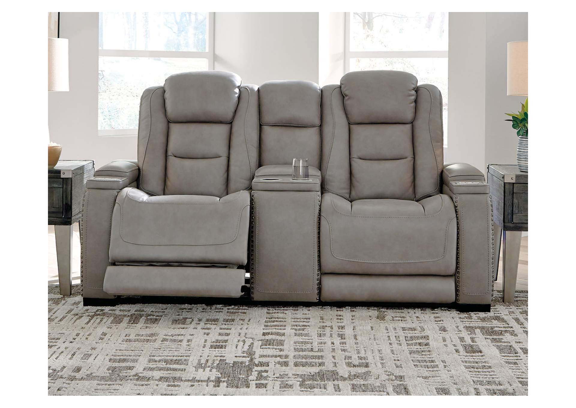 85305-18 MAN-DEN LOVESEAT W/CONSOLE & USB PORTS & ADJUSTABLE HEADRESTS POWER RECLINING 74X40X43H LEATHER STEEL