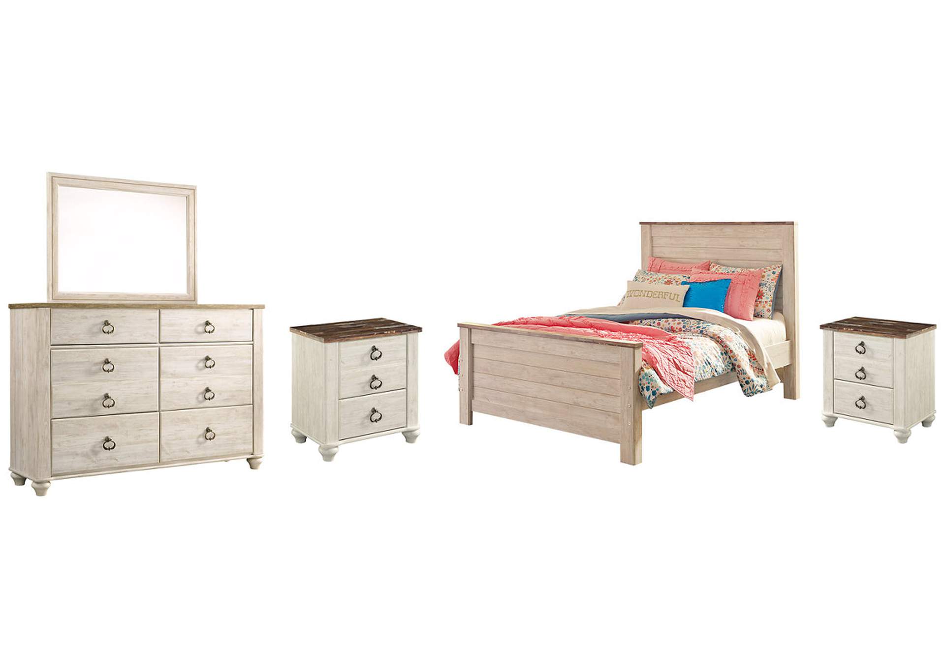 Willowton Full Panel Bed with Mirrored Dresser and 2 Nightstands