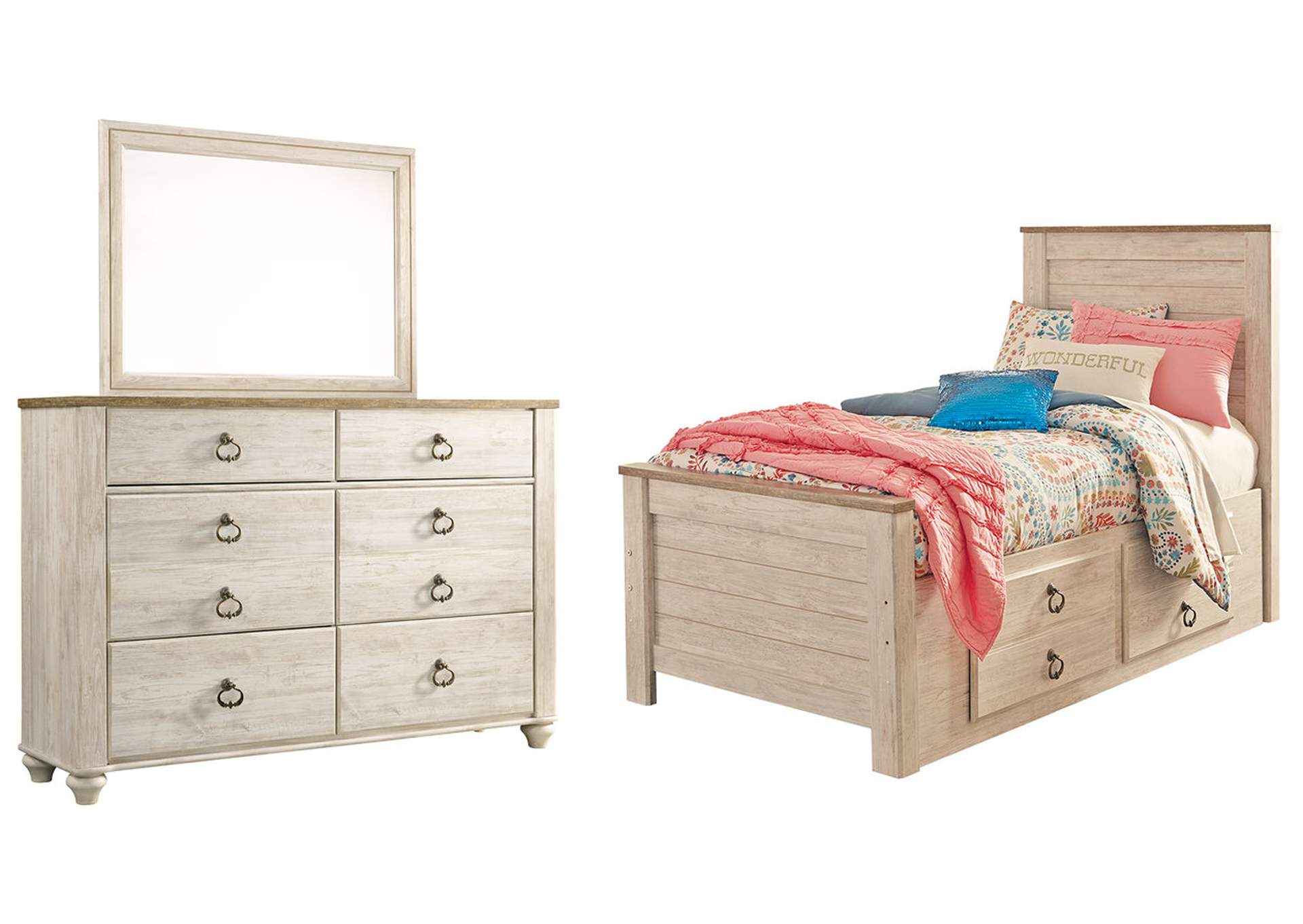 Willowton Twin Panel Bed with 2 Storage Drawers with Mirrored Dresser