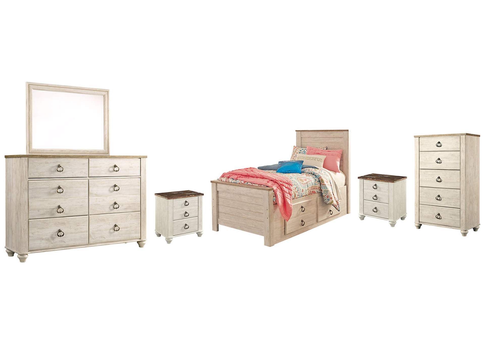 Willowton Twin Panel Bed with 2 Storage Drawers with Mirrored Dresser, Chest and 2 Nightstands