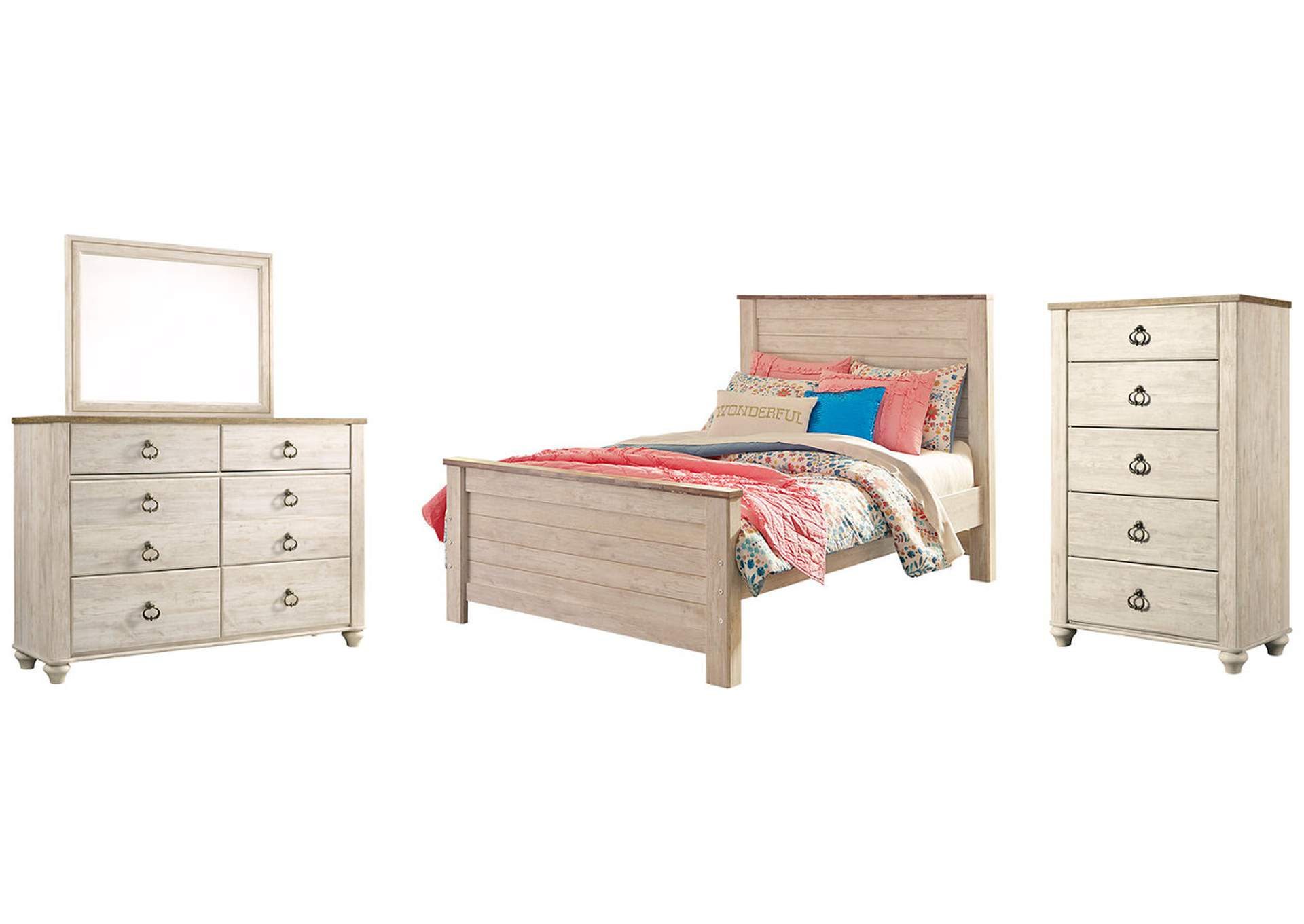 Willowton Full Panel Bed with Mirrored Dresser and Chest