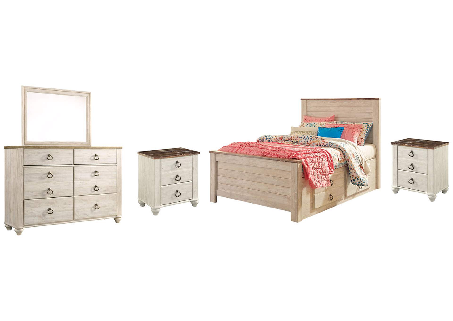 Willowton Full Panel Bed with 2 Storage Drawers with Mirrored Dresser and 2 Nightstands