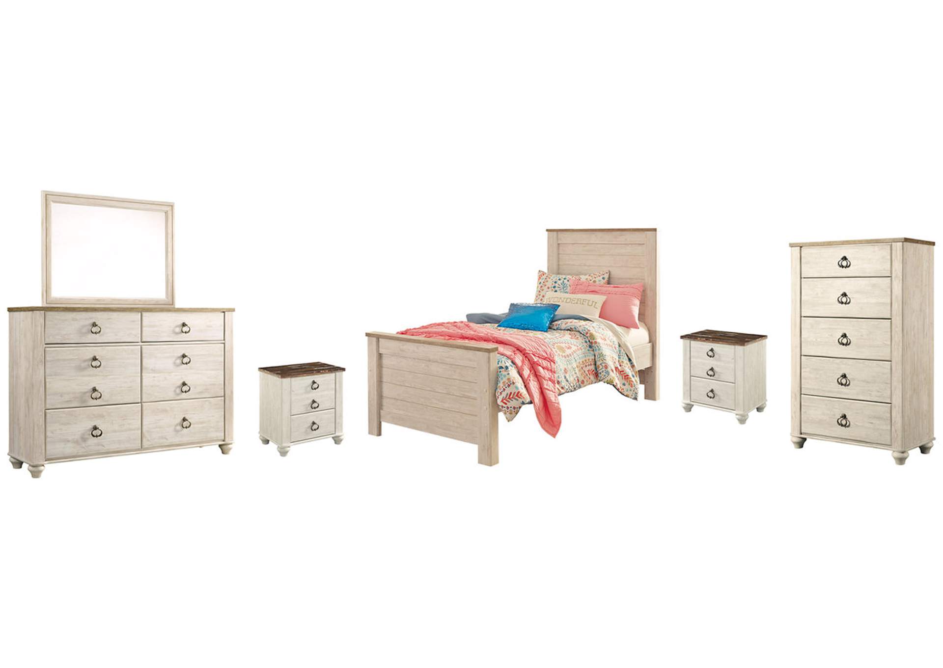 Willowton Twin Panel Bed with Mirrored Dresser, Chest and 2 Nightstands
