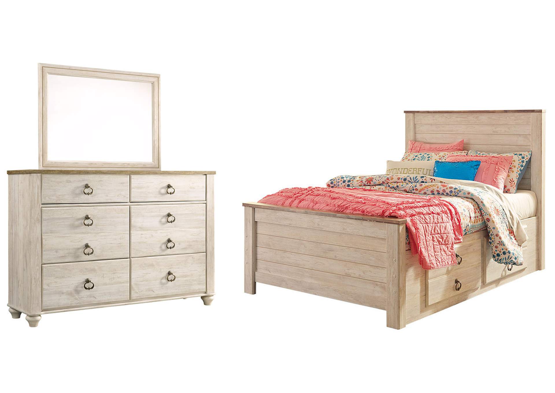 Willowton Full Panel Bed with 2 Storage Drawers with Mirrored Dresser