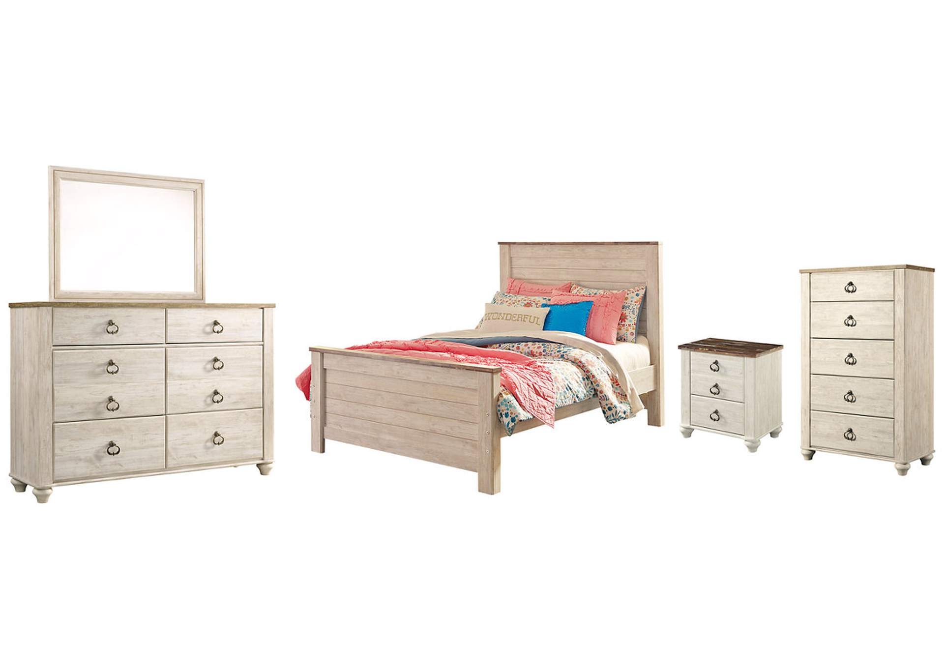 Willowton Full Panel Bed with Mirrored Dresser, Chest and Nightstand