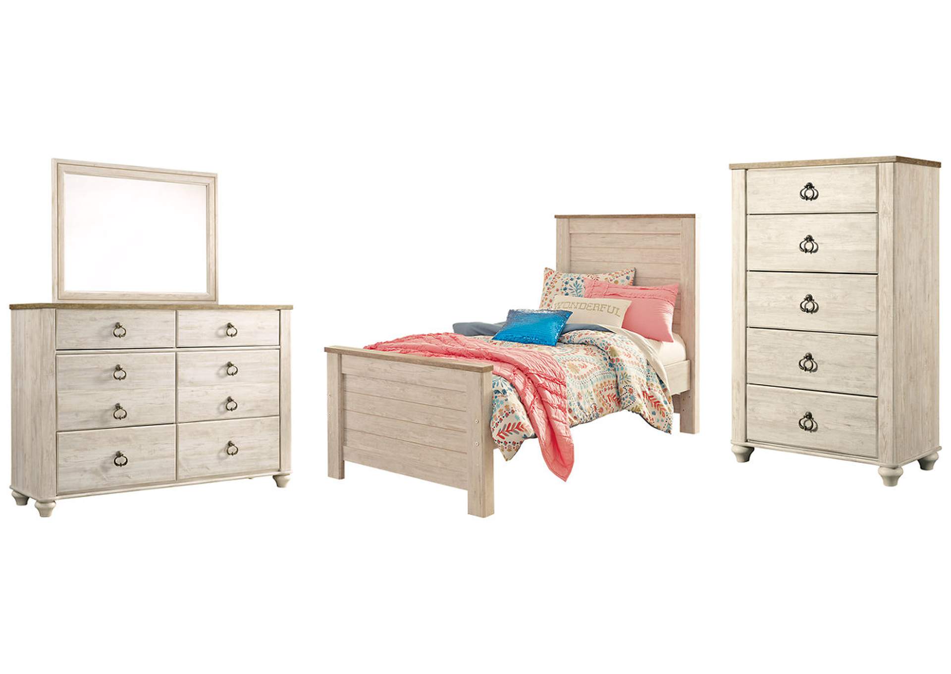 Willowton Twin Panel Bed with Mirrored Dresser and Chest