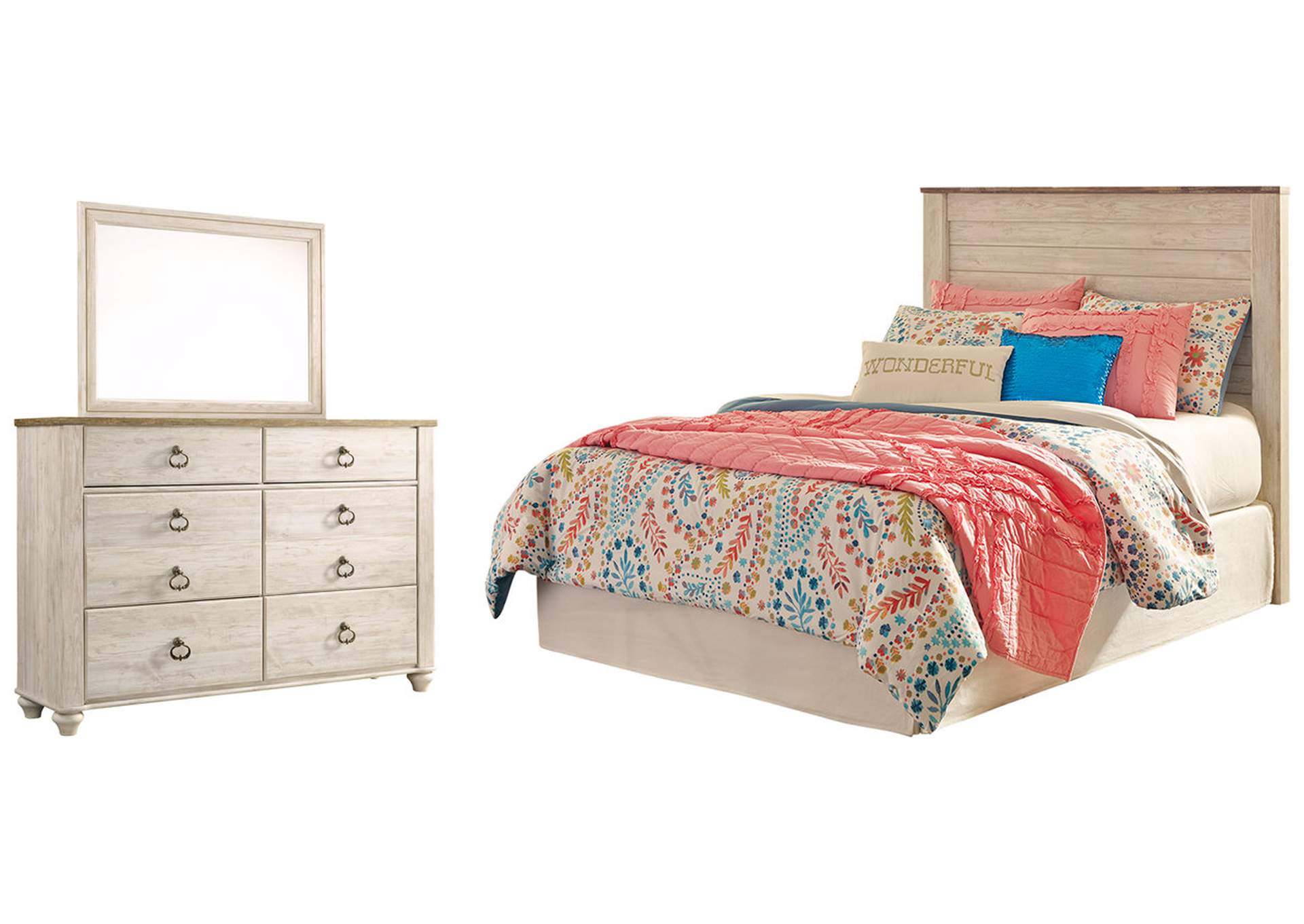 Willowton Full Panel Headboard Bed with Mirrored Dresser