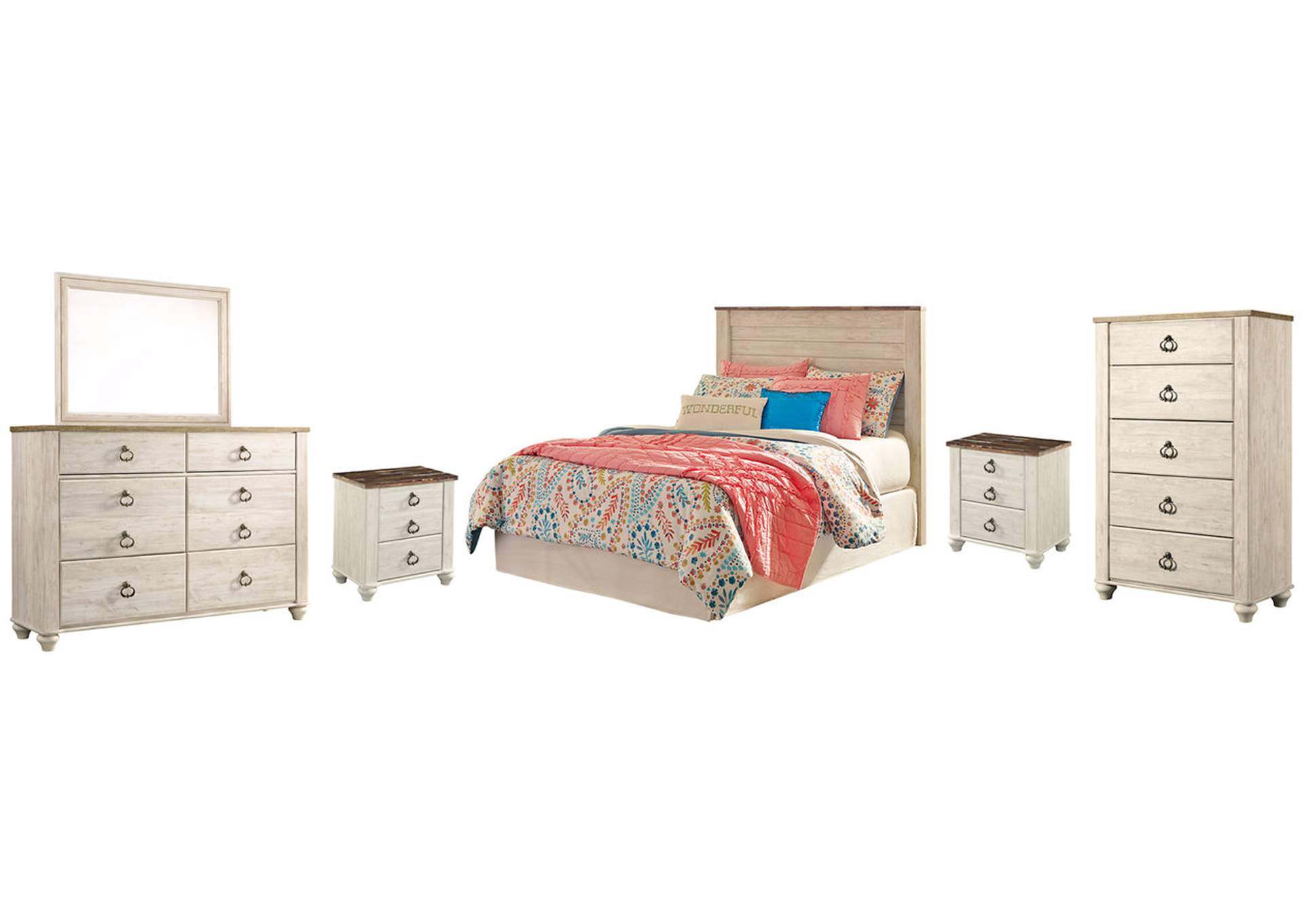 Willowton Full Panel Headboard Bed with Mirrored Dresser, Chest and 2 Nightstands
