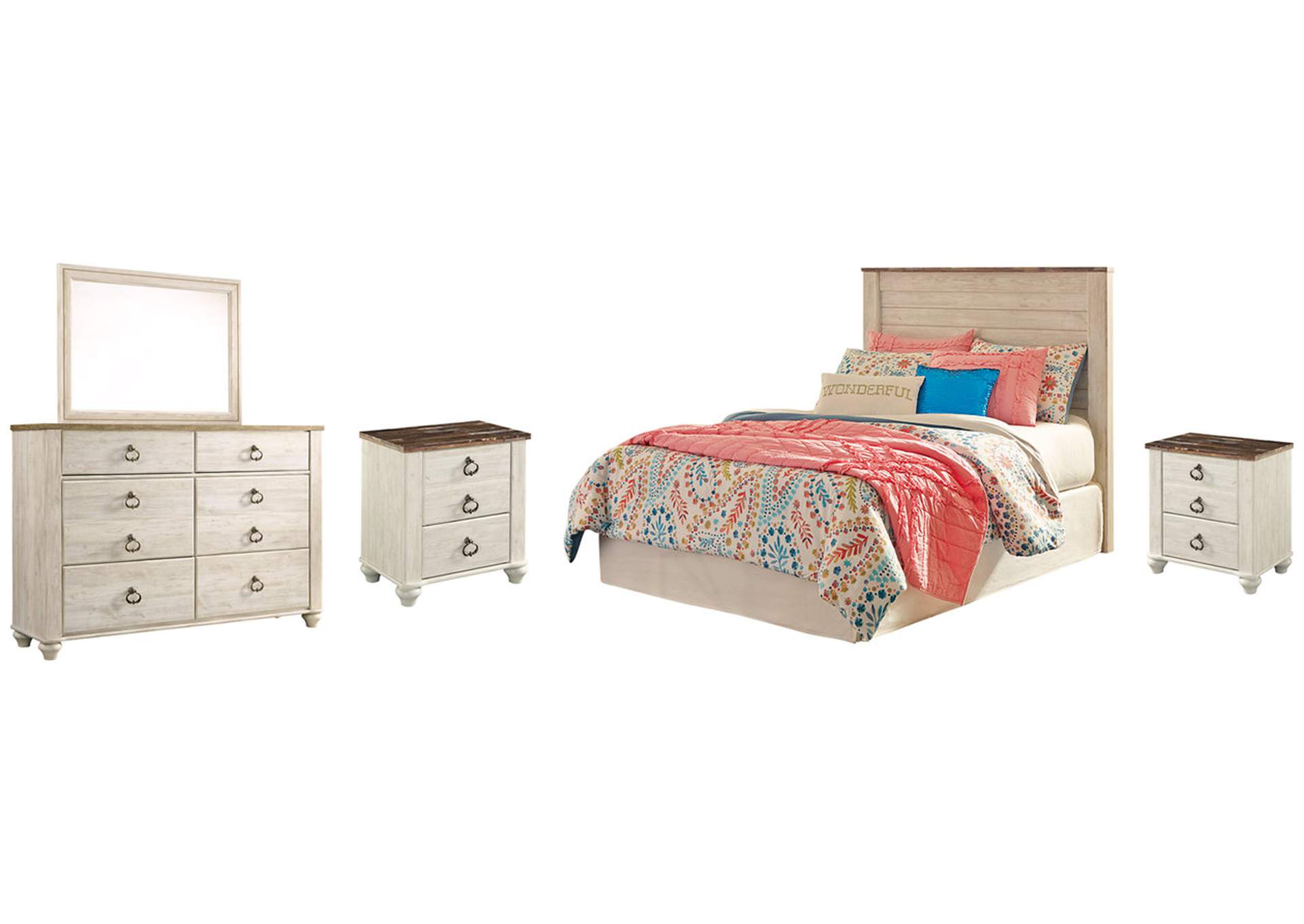 Willowton Full Panel Headboard Bed with Mirrored Dresser and 2 Nightstands