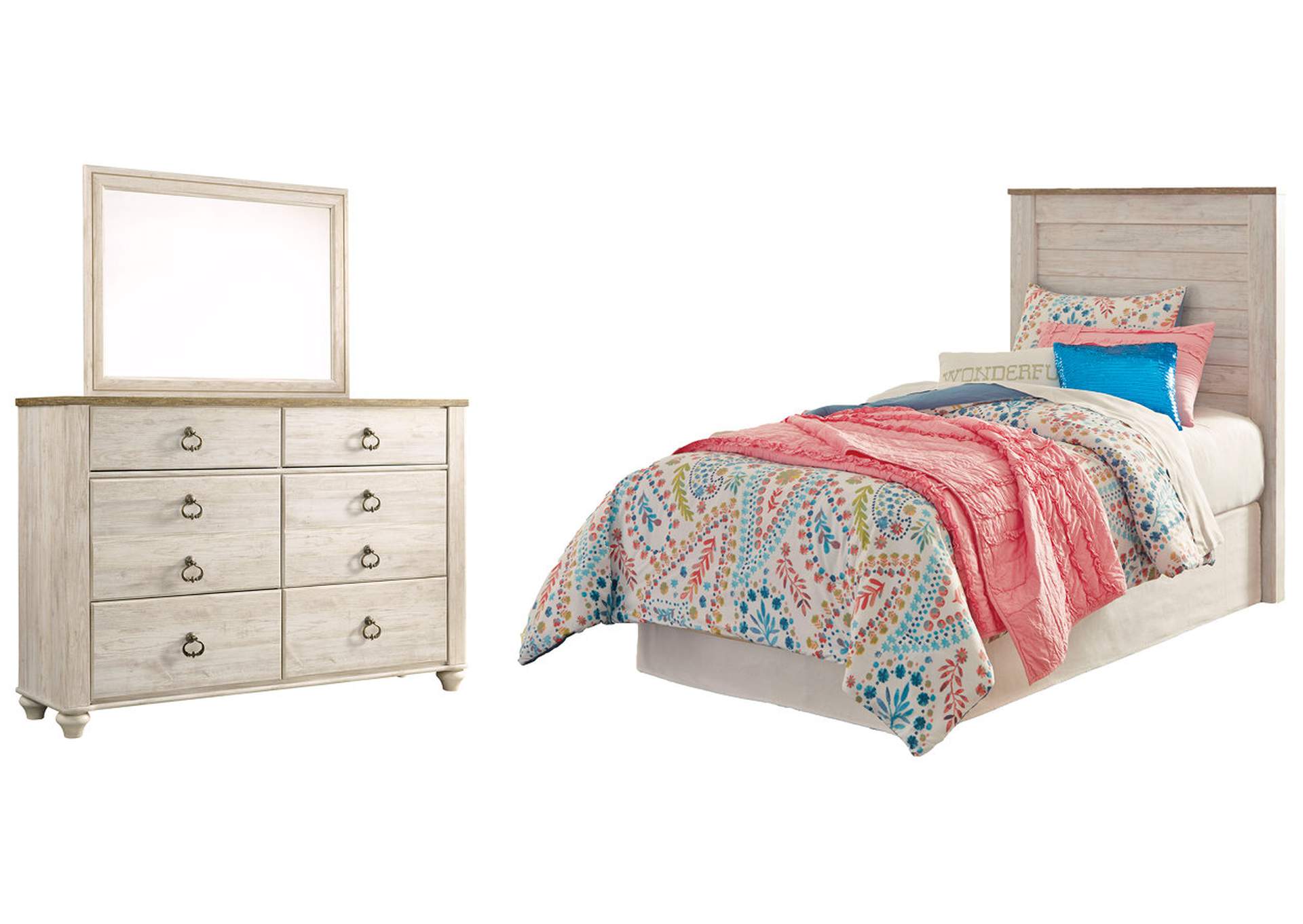Willowton Twin Panel Headboard Bed with Mirrored Dresser