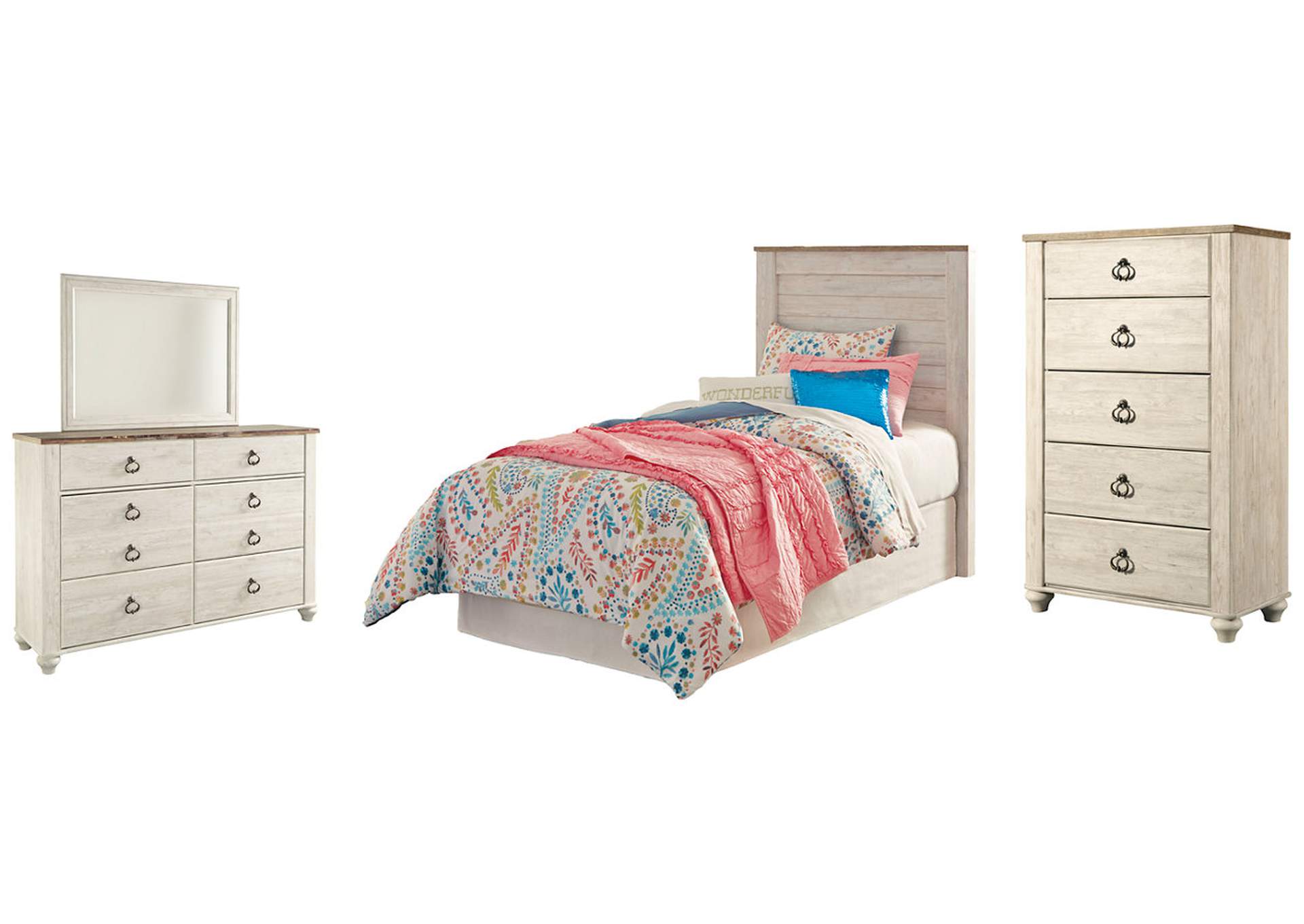Willowton Twin Panel Headboard Bed with Mirrored Dresser and Chest