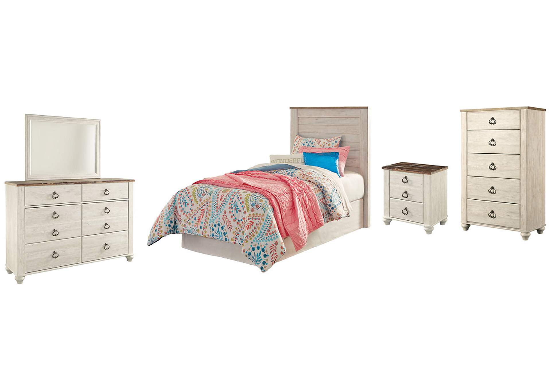 Willowton Twin Panel Headboard Bed with Mirrored Dresser, Chest and Nightstand
