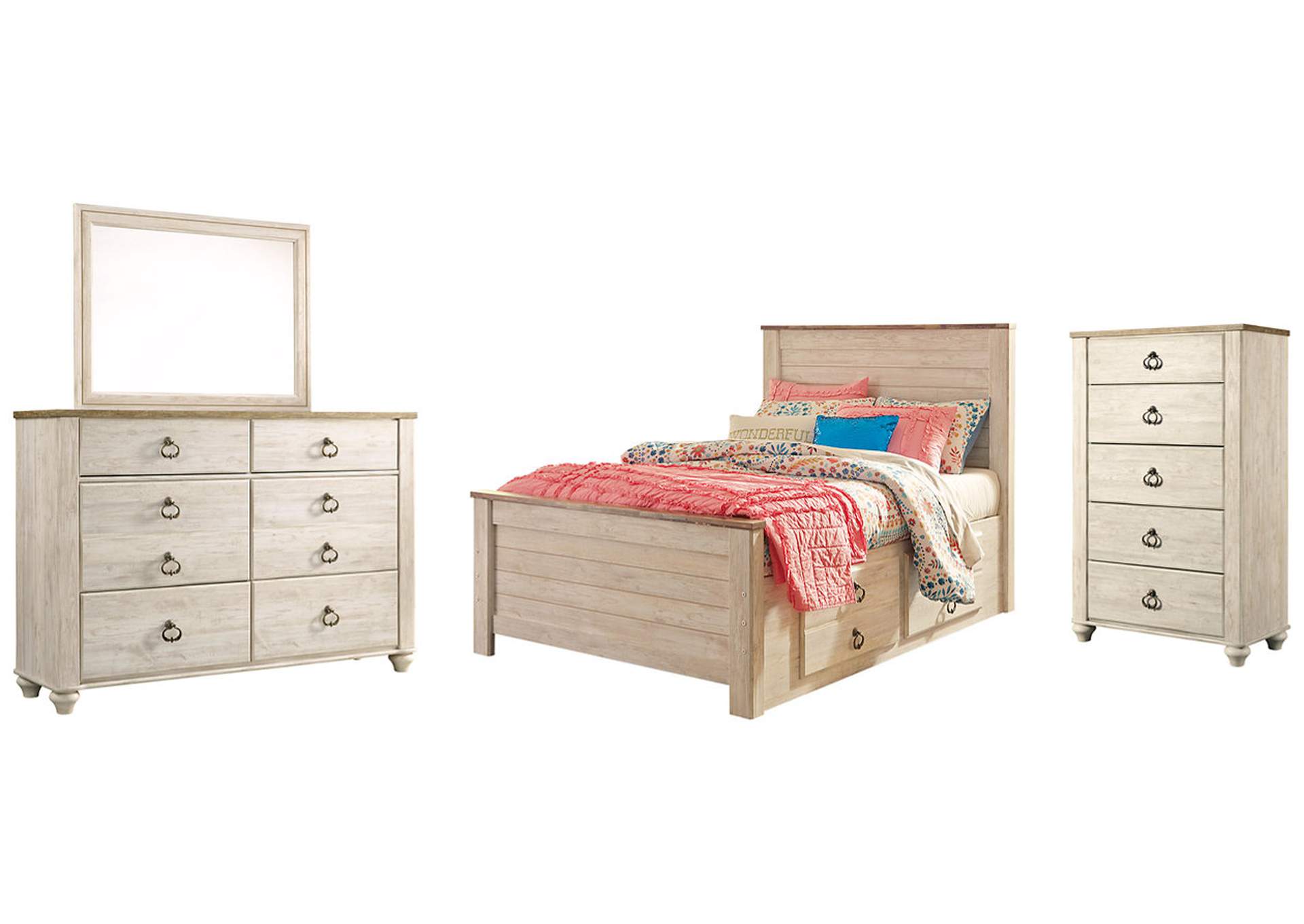 Willowton Full Panel Bed with 2 Storage Drawers with Mirrored Dresser and Chest