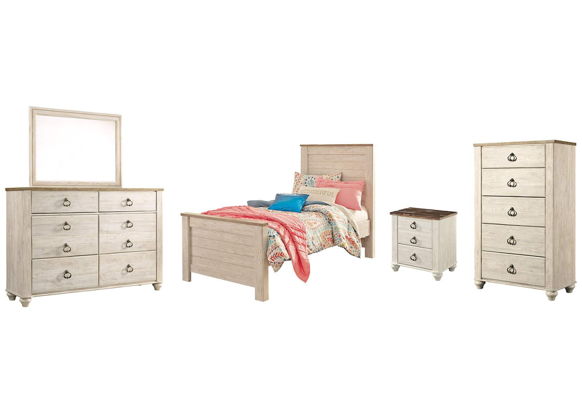 Willowton Twin Panel Bed with Mirrored Dresser, Chest and Nightstand