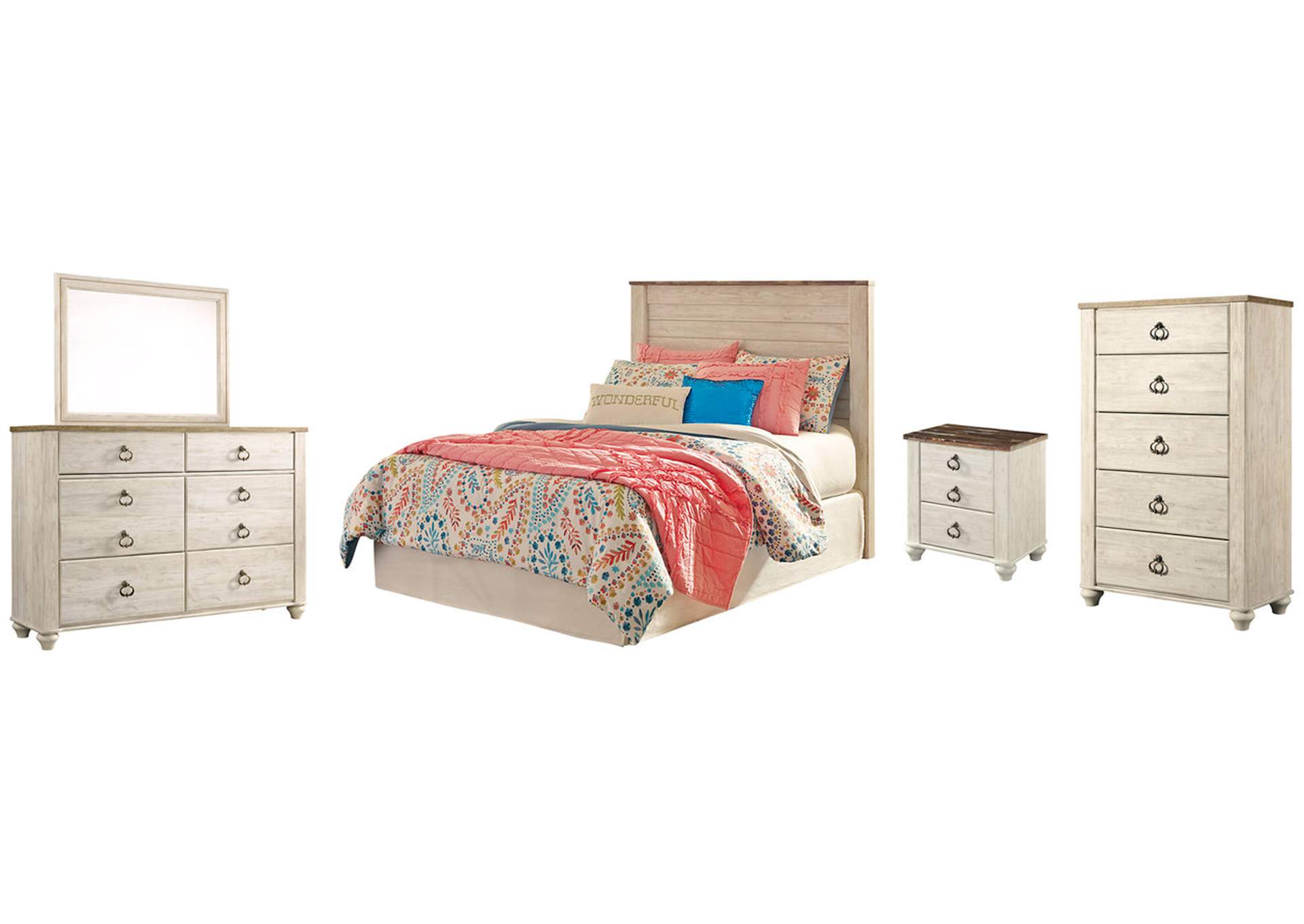 Willowton Full Panel Headboard Bed with Mirrored Dresser, Chest and Nightstand