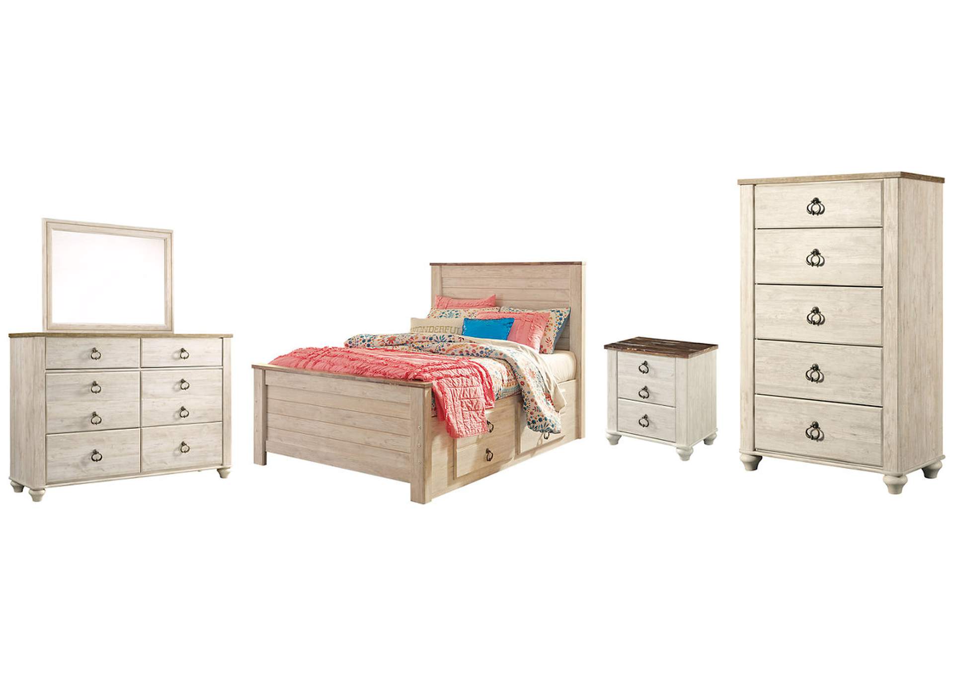 Willowton Full Panel Bed with 2 Storage Drawers with Mirrored Dresser, Chest and Nightstand