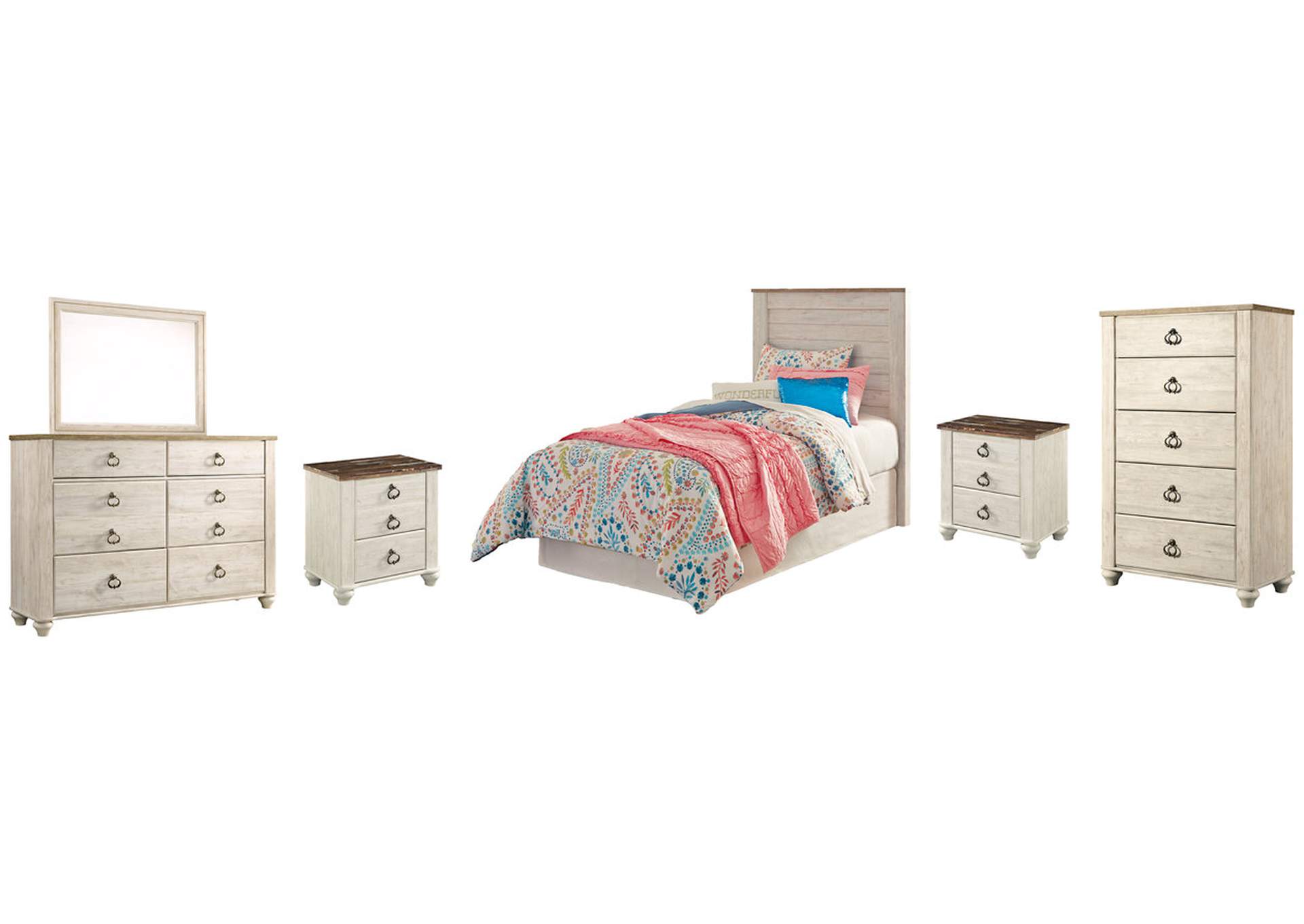 Willowton Twin Panel Headboard Bed with Mirrored Dresser, Chest and 2 Nightstands
