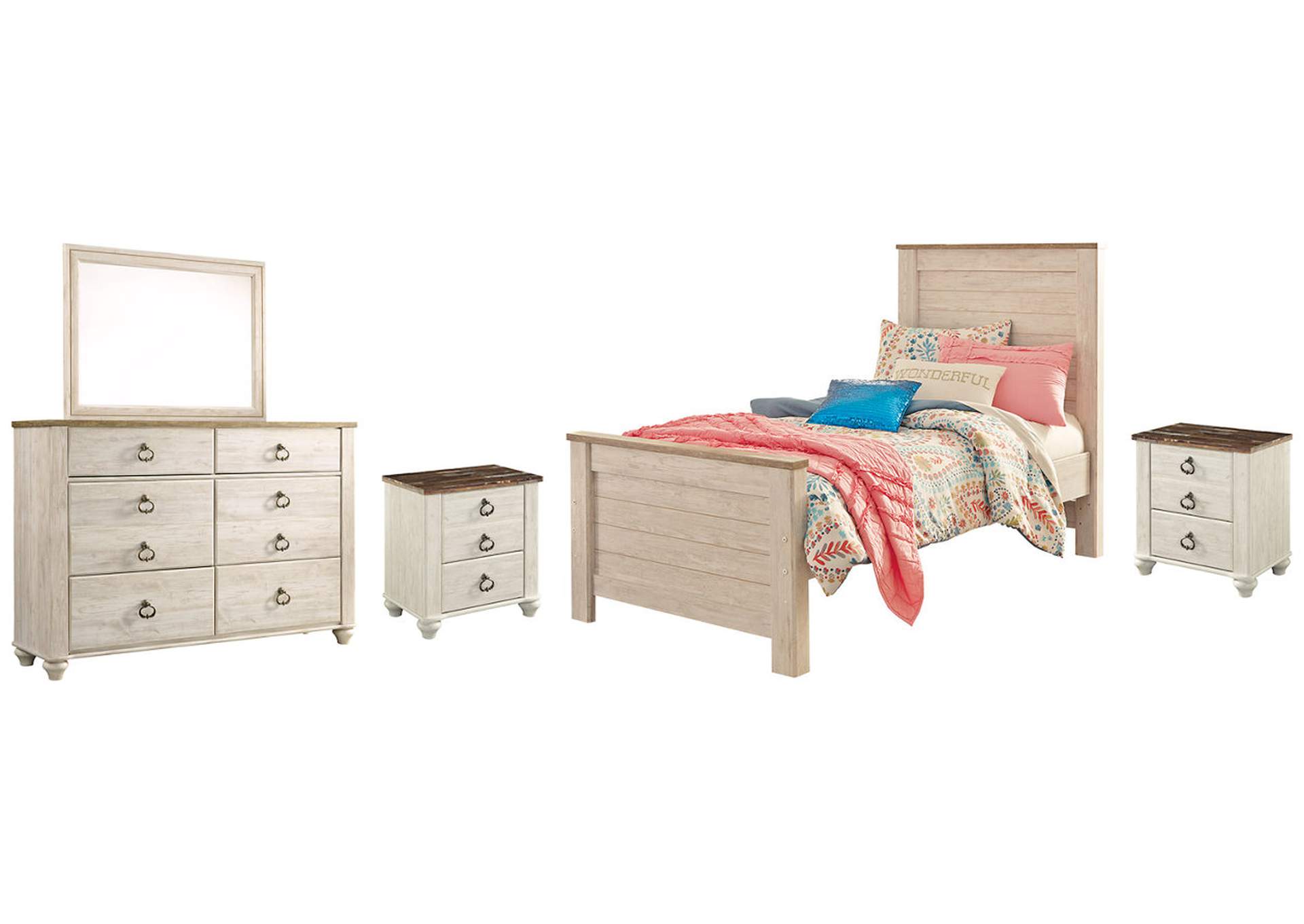 Willowton Twin Panel Bed with Mirrored Dresser and 2 Nightstands