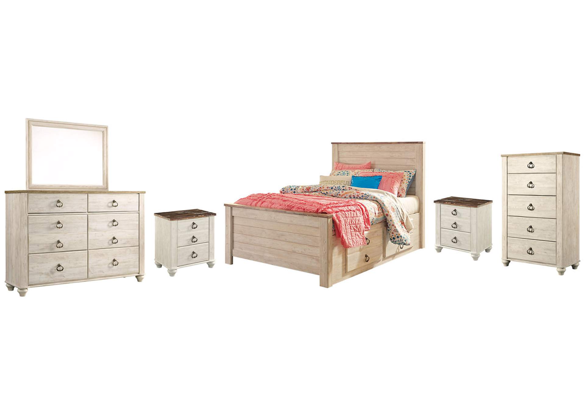 Willowton Full Panel Bed with 2 Storage Drawers with Mirrored Dresser, Chest and 2 Nightstands