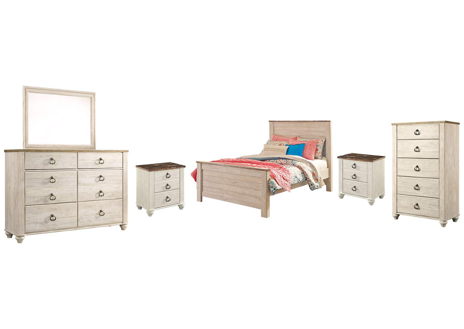 Willowton Full Panel Bed with Mirrored Dresser, Chest and 2 Nightstands
