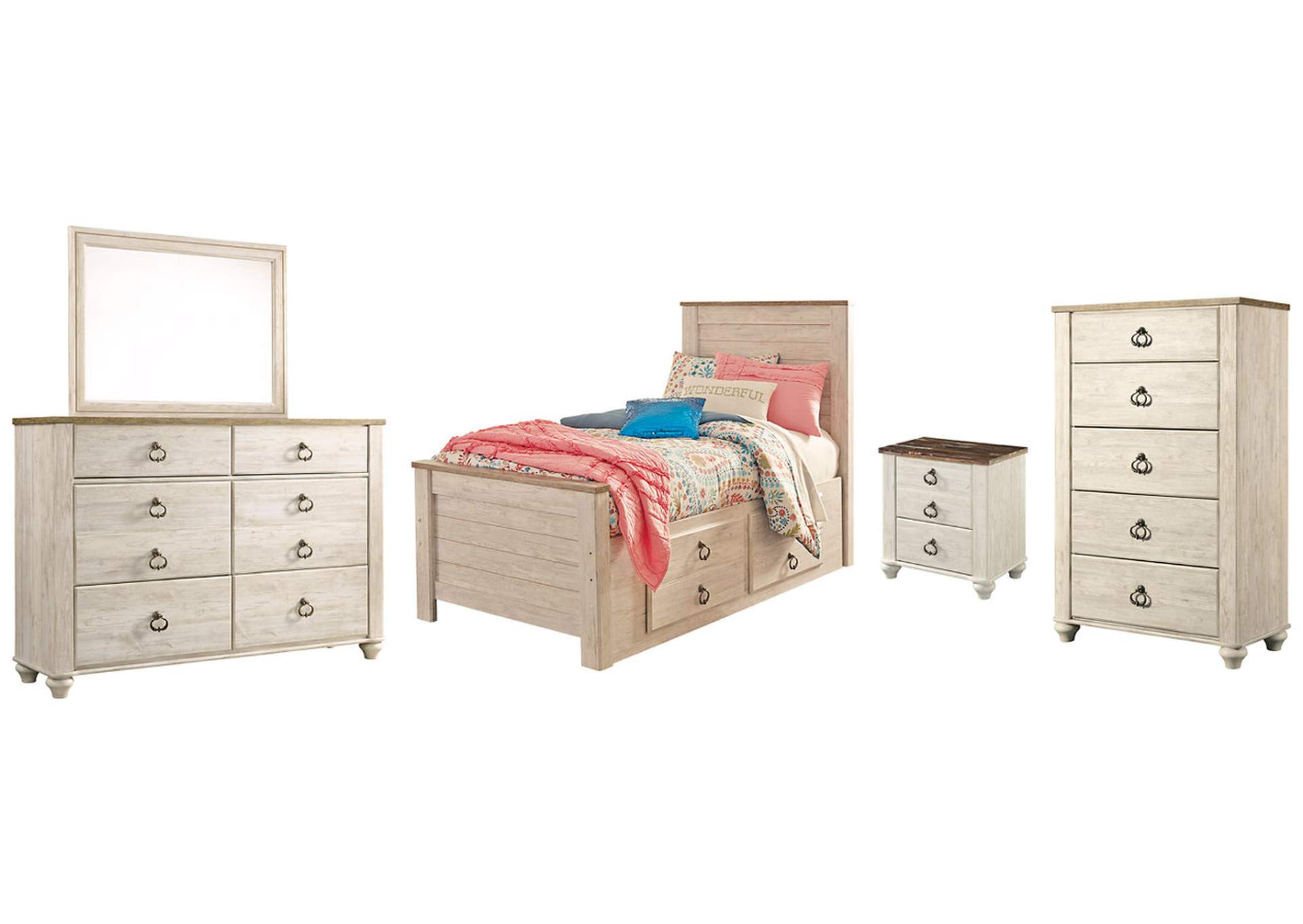 Willowton Twin Panel Bed with 2 Storage Drawers with Mirrored Dresser, Chest and Nightstand