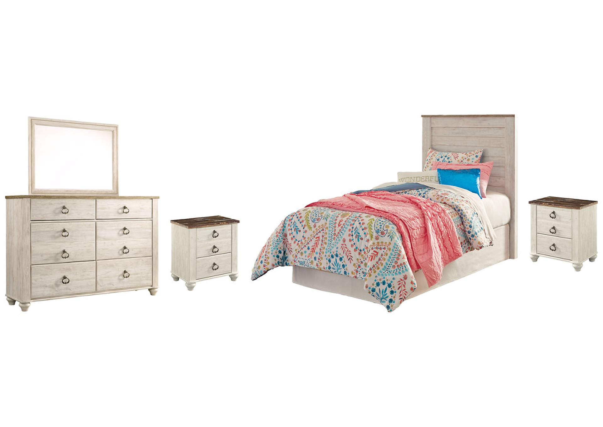 Willowton Twin Panel Headboard Bed with Mirrored Dresser and 2 Nightstands