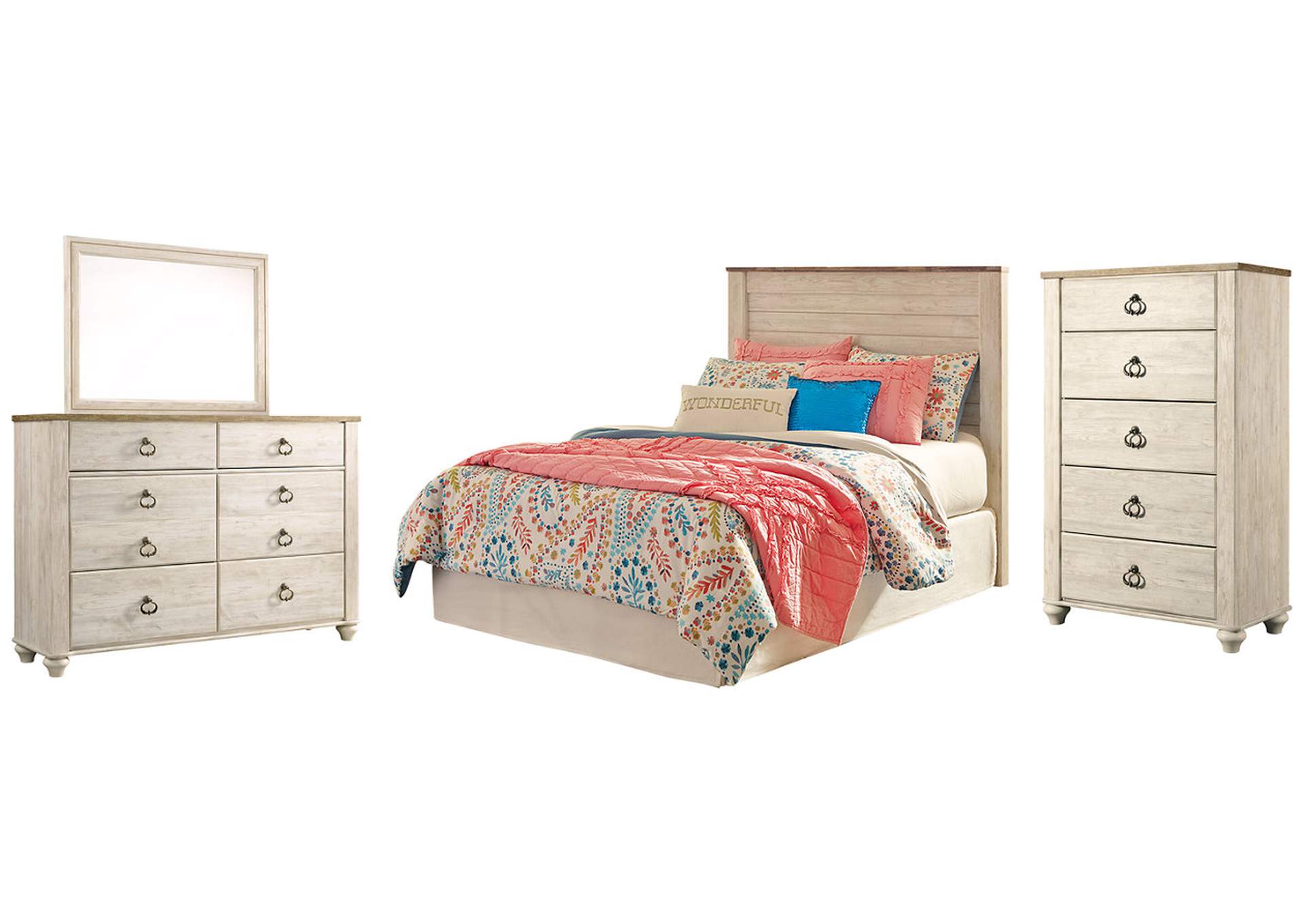 Willowton Full Panel Headboard Bed with Mirrored Dresser and Chest