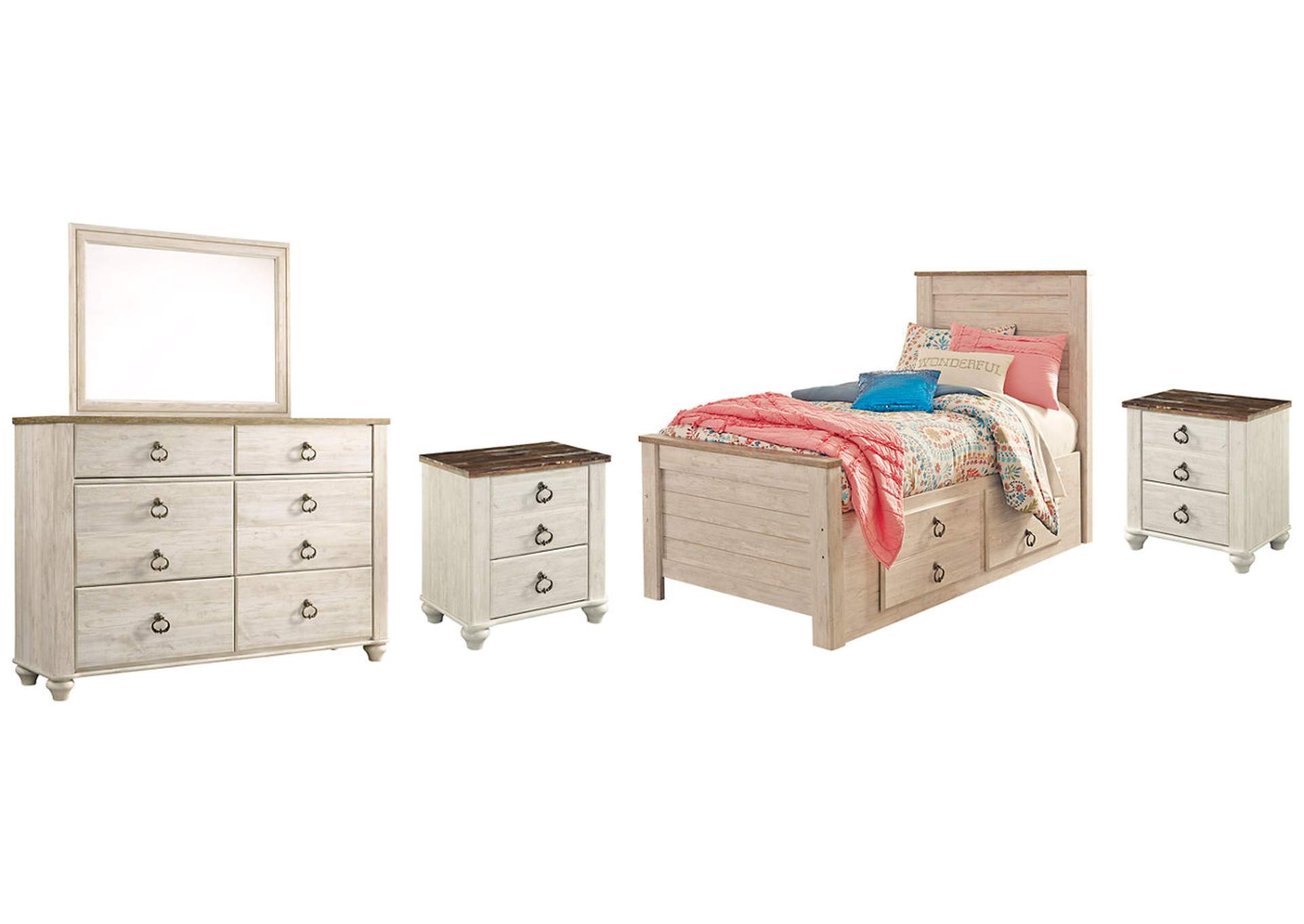 Willowton Twin Panel Bed with 2 Storage Drawers with Mirrored Dresser and 2 Nightstands