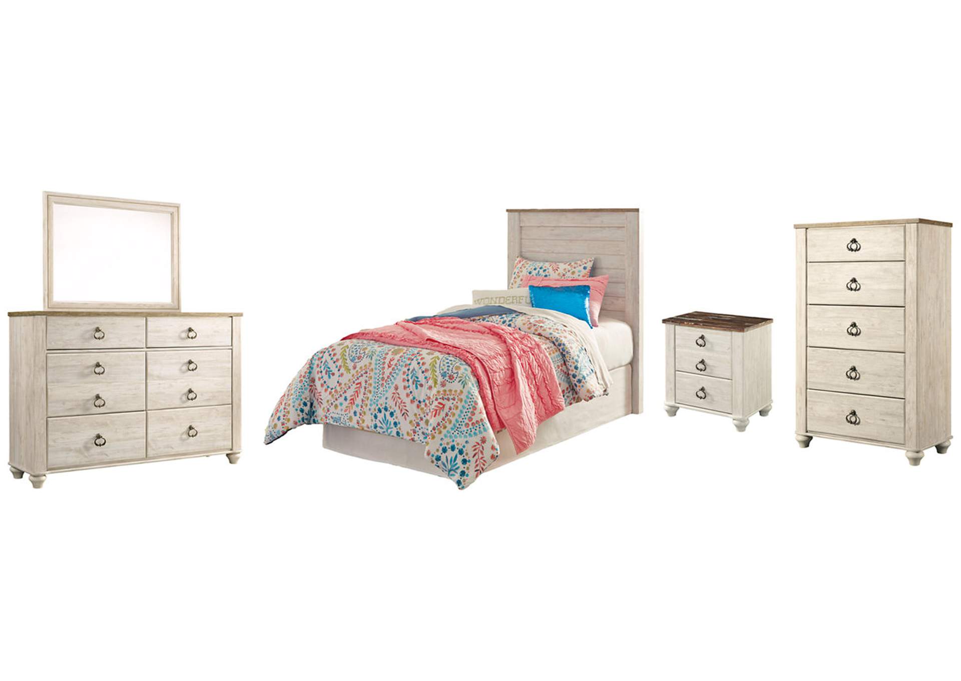 Willowton Twin Panel Headboard Bed with Mirrored Dresser, Chest and Nightstand